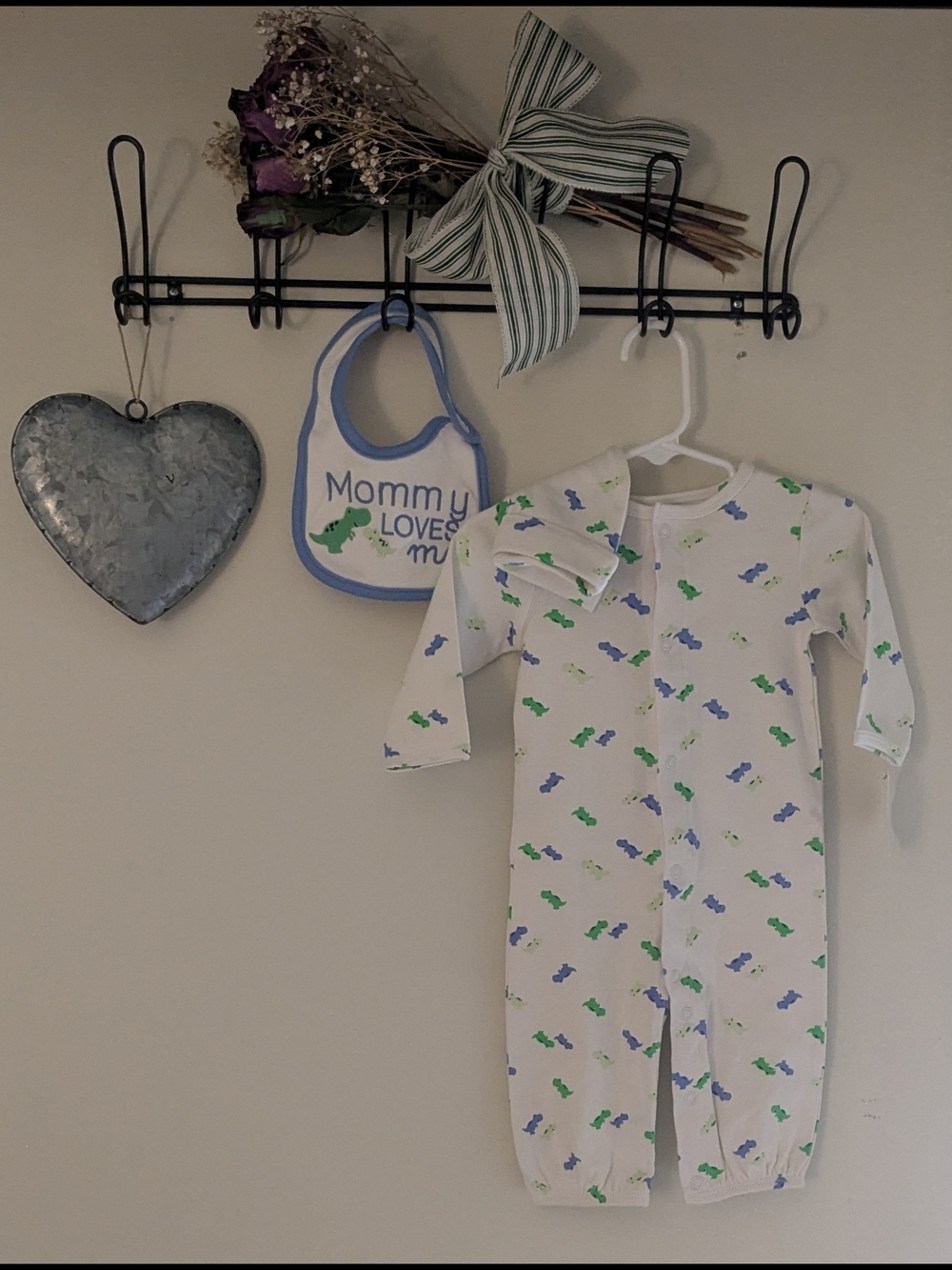 Baby Cotton Footless Romper - White with Blue & Green Dino Print